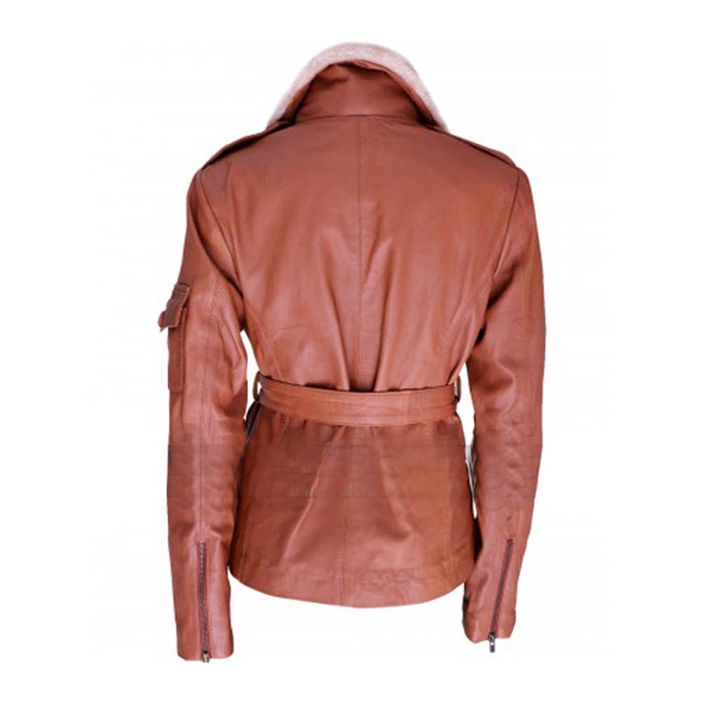 Womens Brown Aviator Leather Jacket With Belt