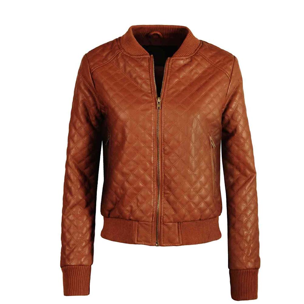 Womens Brown Quilted Varsity Leather  Jacket