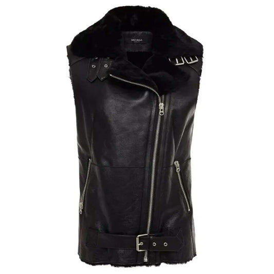 Womens Classic Black Leather Shearling Vest