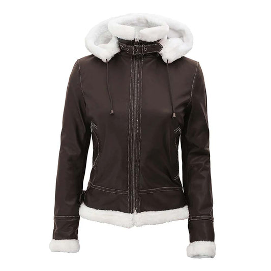 Womens Fur Shearling Leather Jacket With Hooded