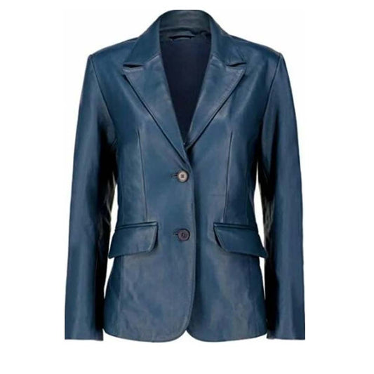 Womens Genuine Blue Leather Blazer