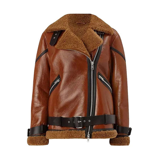 Womens Genuine Brown Shearling Leather Jacket