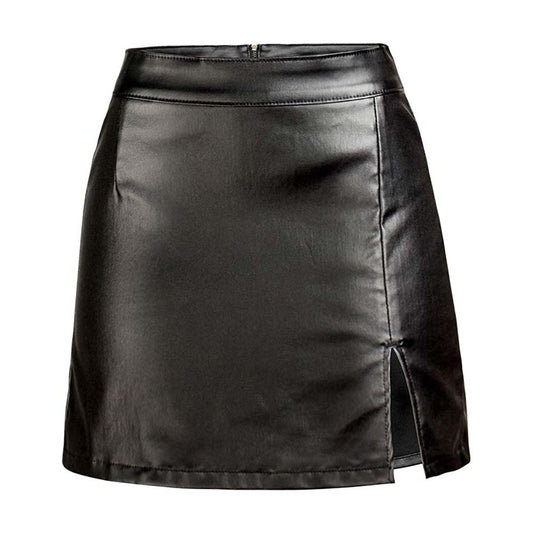 Womens High Waist Black Leather Skirt