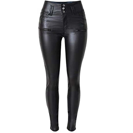 Womens High Waist Leather Pent in Black