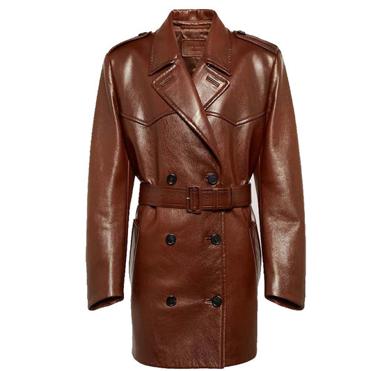 Womens Premium Quality Brown Leather Trench Coat