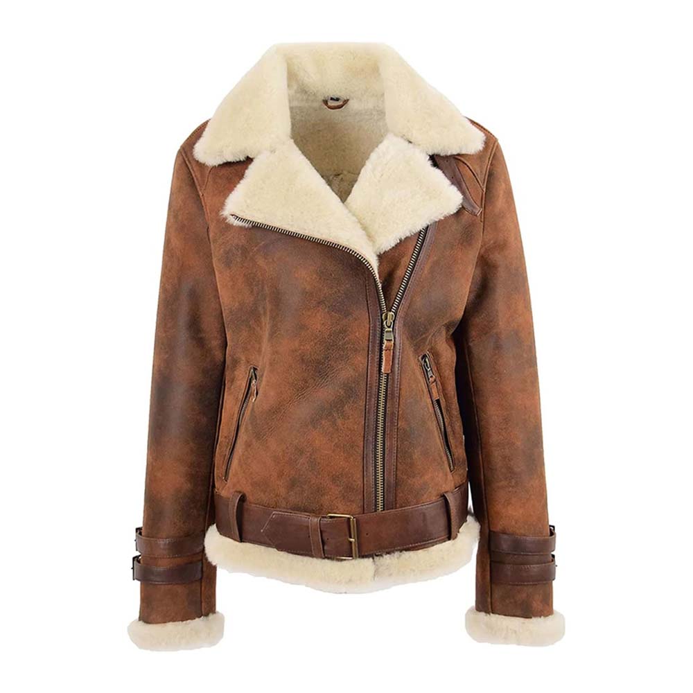 Womens Real Biker Style Leather Jacket Antique Brown