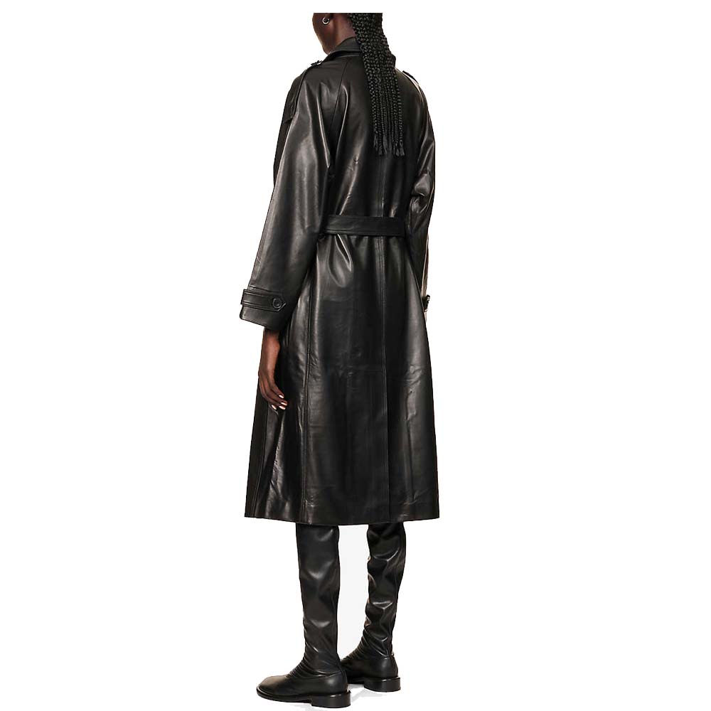 Womens Real Black Leather Trench Coat