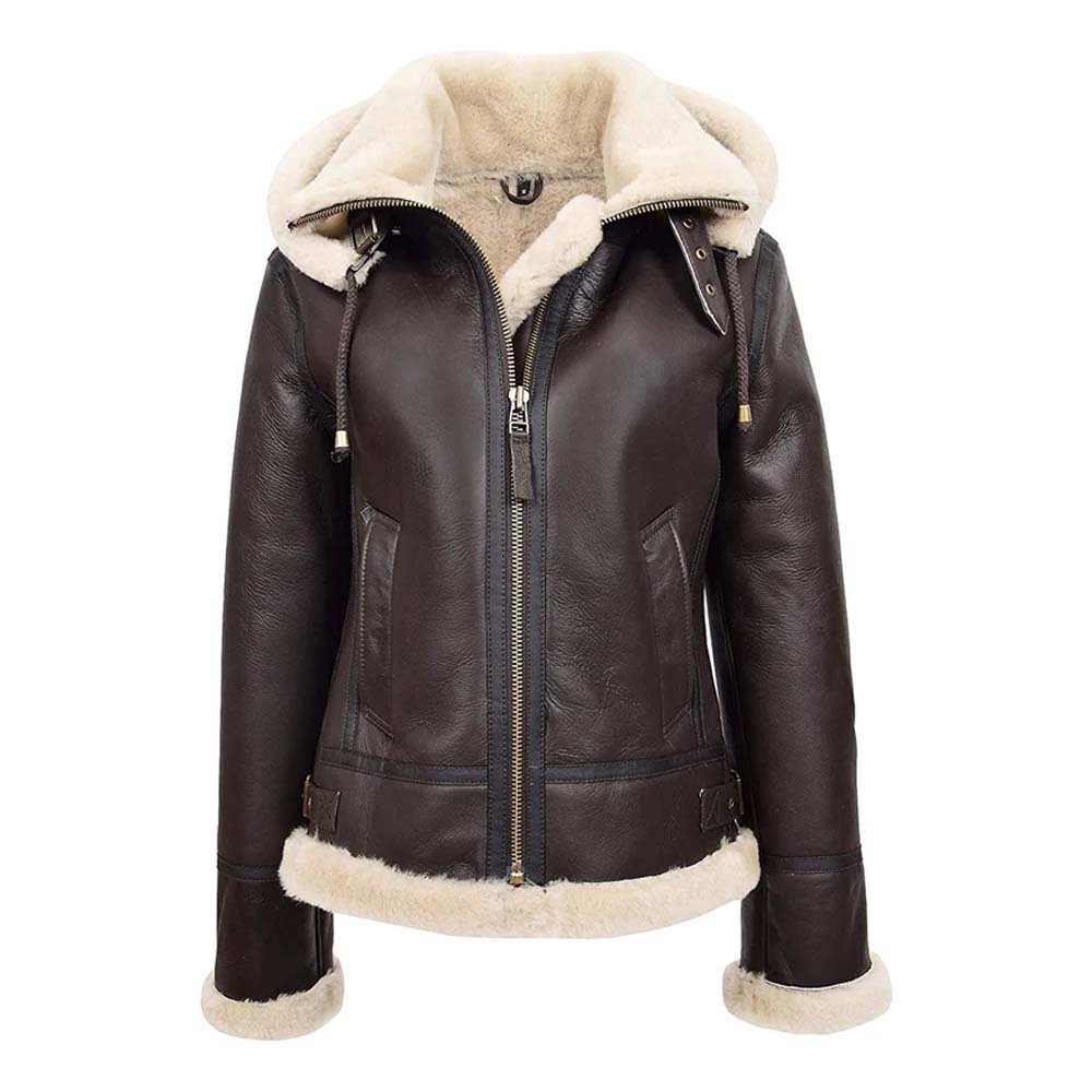 Womens Real Brown Aviator Leather Jacket With Hooded