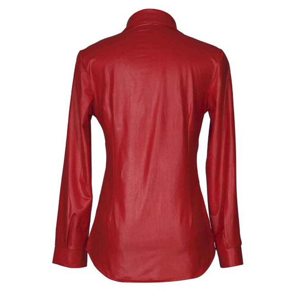 Womens Red Long Sleeve Single Button Leather Shirt