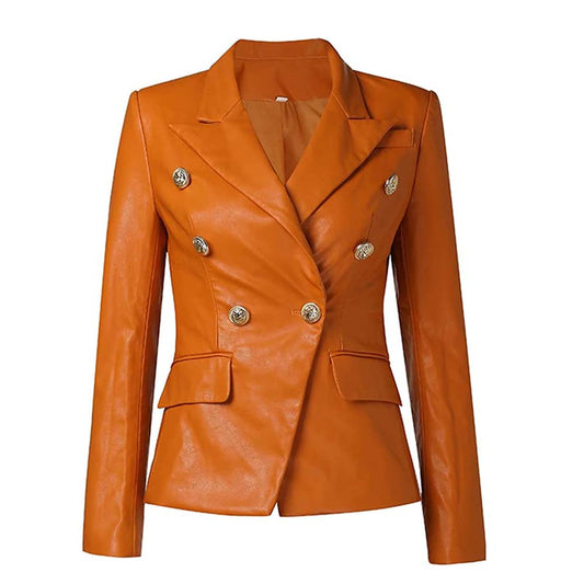 Womens Solid Brown Color Leather Blazer