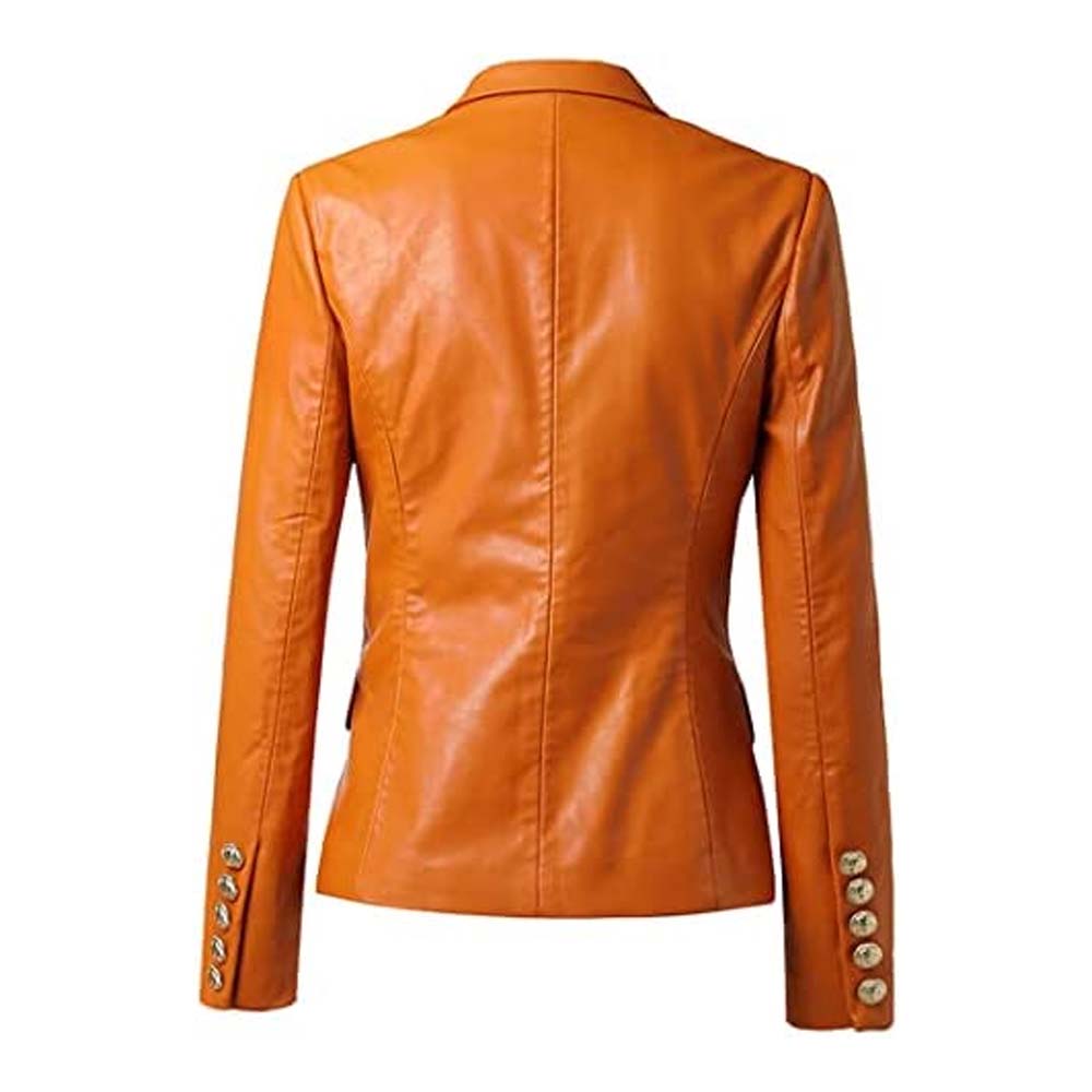 Womens Solid Brown Color Leather Blazer