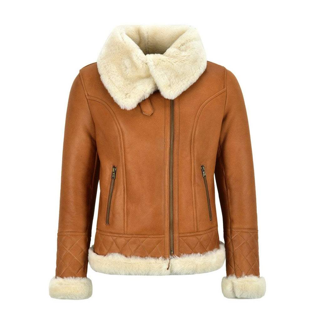 Women Tan Brown Bomber Real Sheepskin Leather Jacket