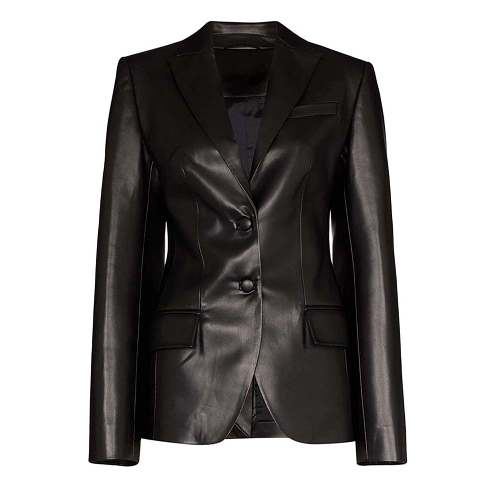 Womens Two Button Black Real Leather Blazer