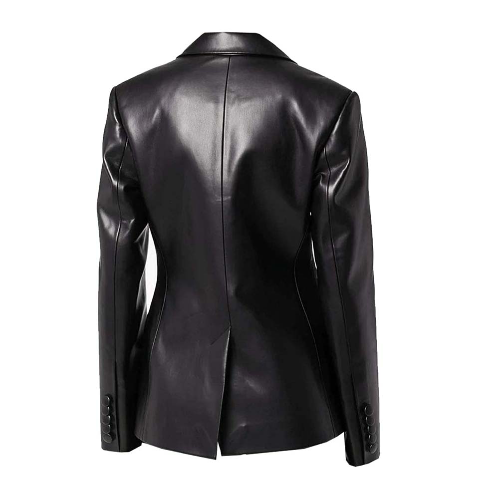 Womens Two Button Black Real Leather Blazer
