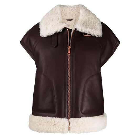 Womens White Fur Shearling Leather Brown Vest