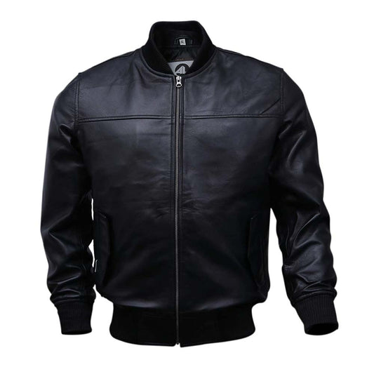 Black Leather Bomber  Jacket For Men