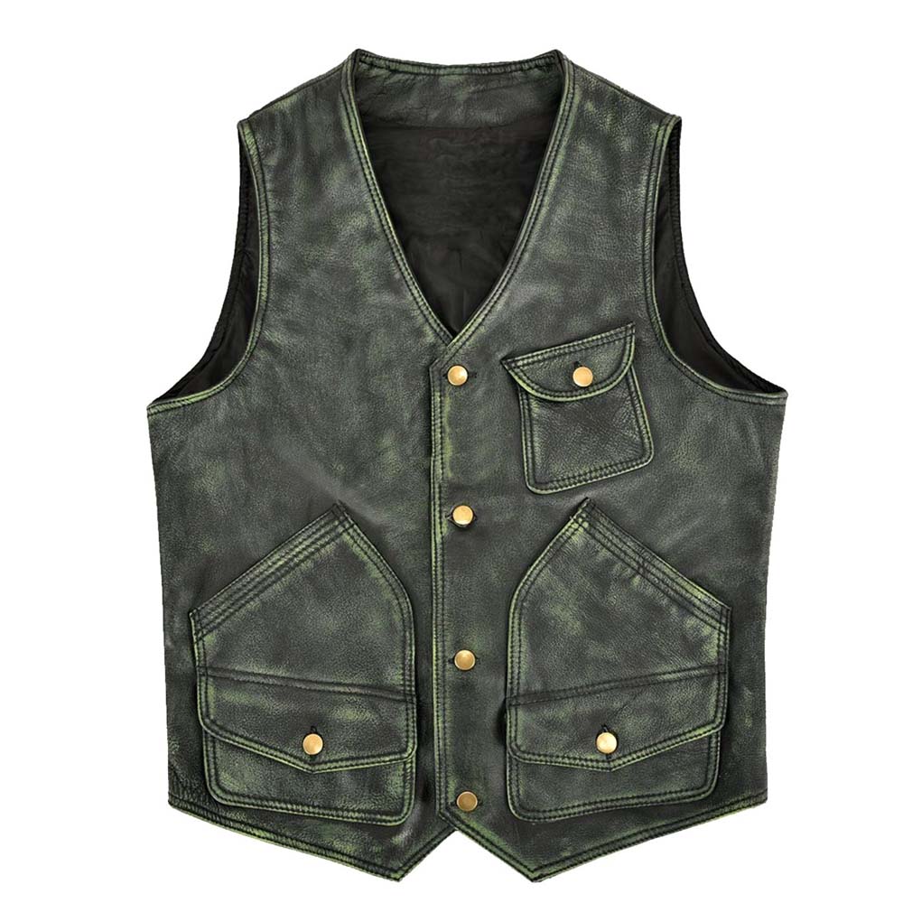Mens Distressed Green Leather Vest