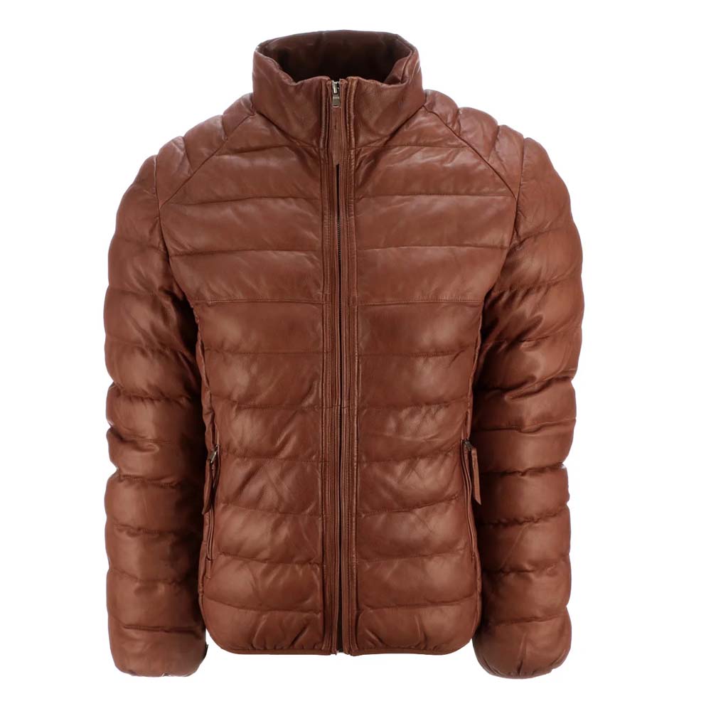 Stylish Mens Puffer Leather Jacket in Brown