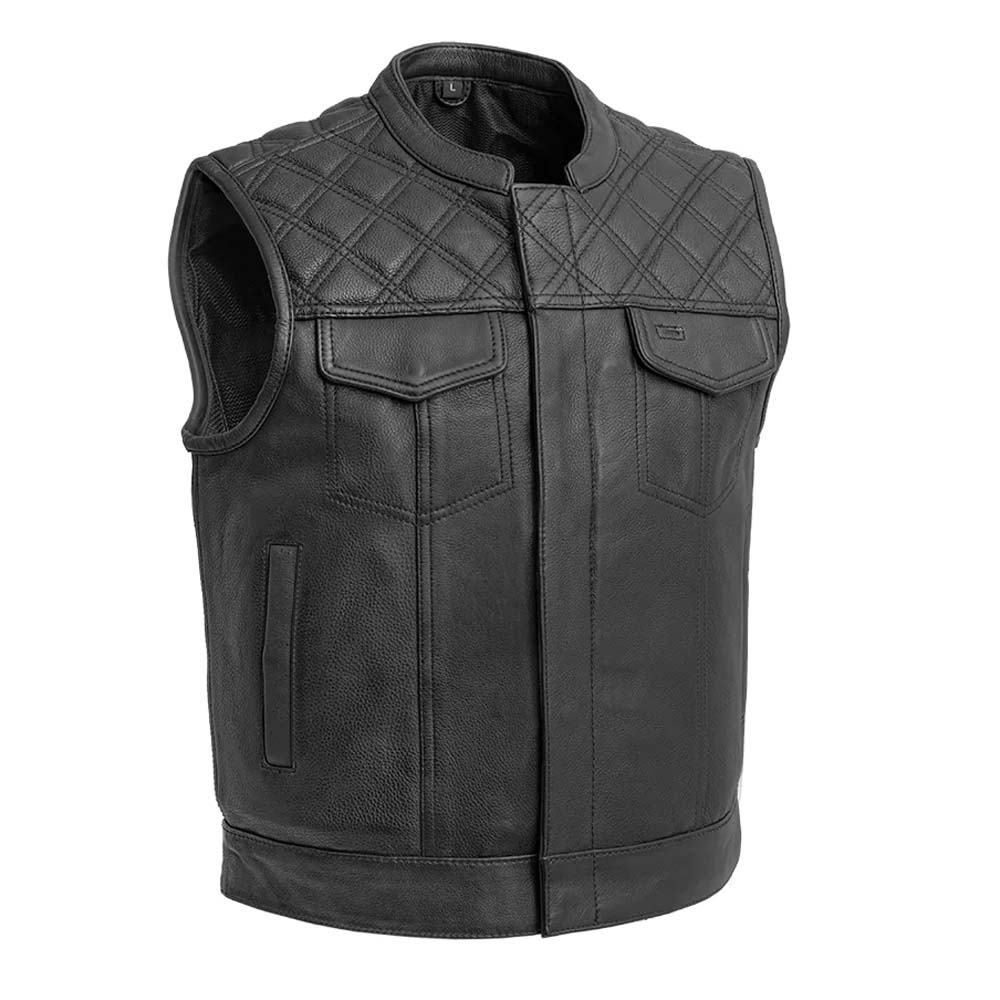 Diamond stitch Black Leather Vest For Men