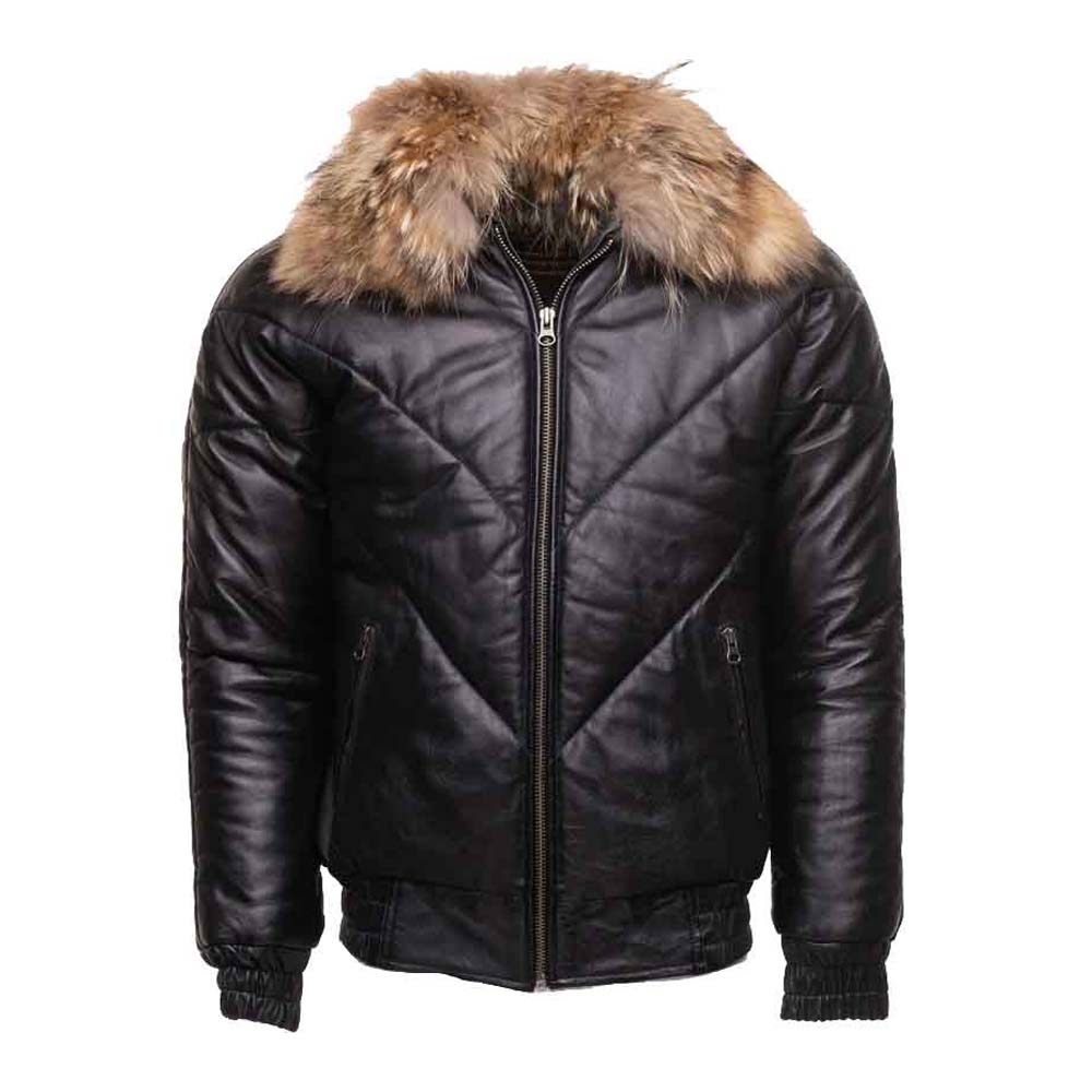 Mens Black V-Bomber Style Puffer Winter Leather Jacket With Fur Collar