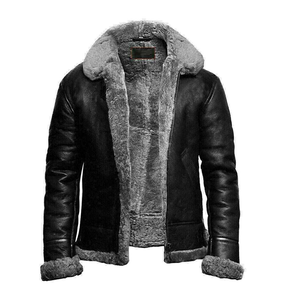 Mens B3 Bomber Sheepskin Shearling Grey Fur Leather Jacket