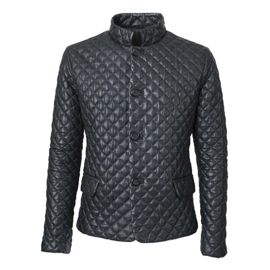 Mens Black Leather Puffer Style Jacket With Diamond Quilted