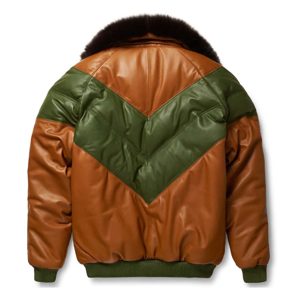 Mens Brown & Green Leather V-Bomber Jacket