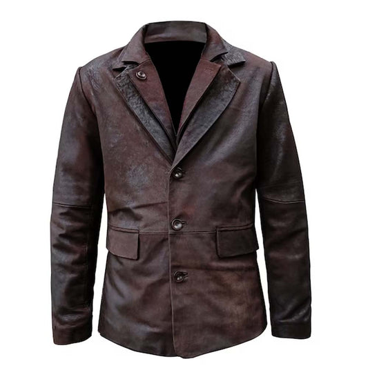 Men Double Breasted Lapel Collar Leather Blazer
