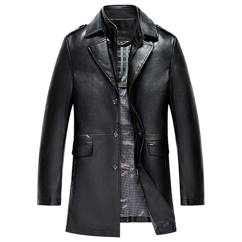 Mens Breasted Sheepskin Winter Casual Trench  Leather Coat