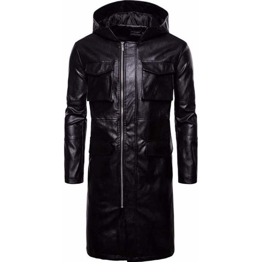 Mens Leather Trench Coat for Men Long Jacket
