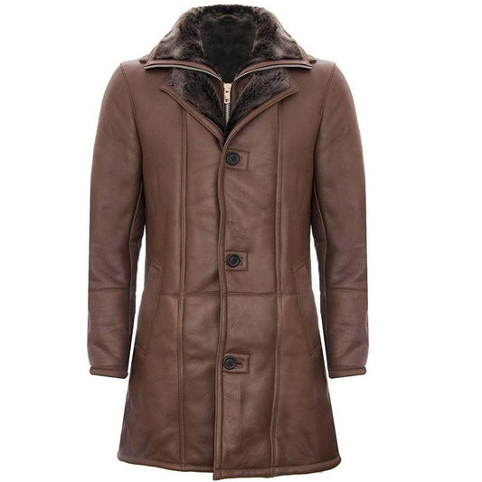 Mens Warm Brown Nappa Leather Shearling Sheepskin Trench Coat