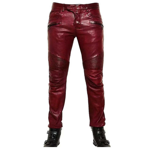 Top Quality Red Genuine Leather Pant For Men