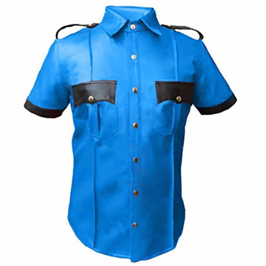 Mens Genuine Real Blue Style Leather Shirt