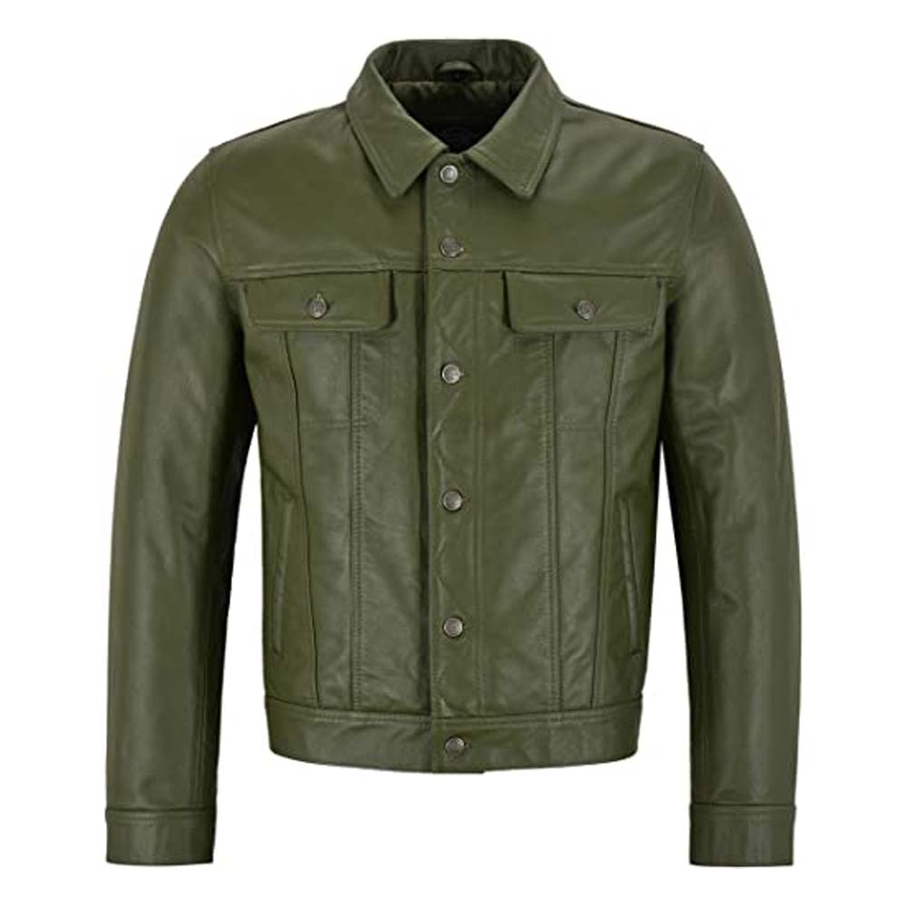 Mens New Trucker Olive Green Leather Jacket