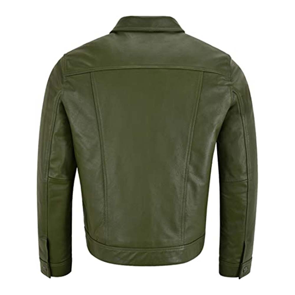 Mens New Trucker Olive Green Leather Jacket