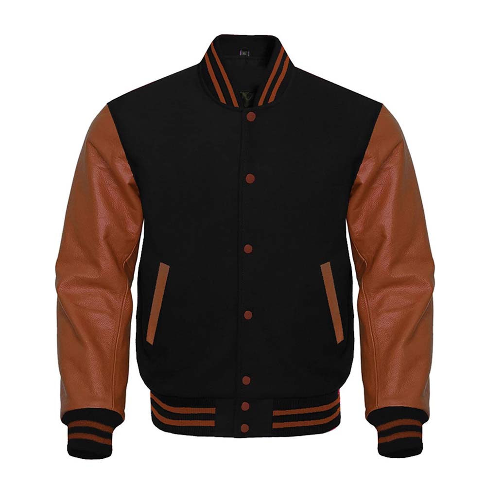 Mens Genuine Brown Varsity Letterman Leather Jacket
