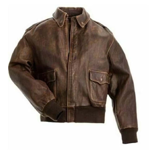 Men's Brown A2 Flight Pilot Bomber Distressed Real Genuine Leather Jacket