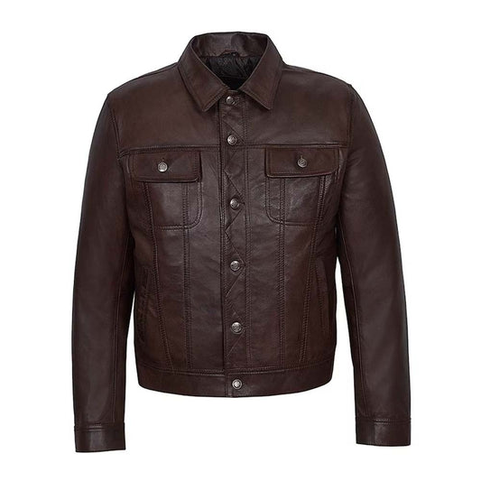 Men Genuine Brown Leather Trucker American Western Style Jacket