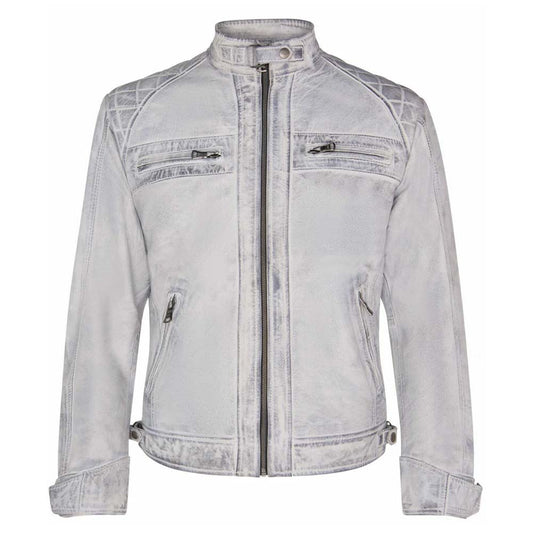 Men White Distressed Leather Motorcycle Jacket