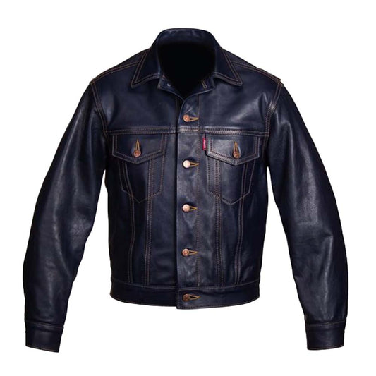 Navy Blue Cowhide Leather Trucker Jacket