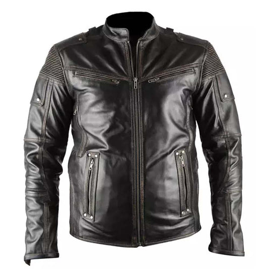 Ultimate Distressed Black Biker Genuine Real Leather Jacket