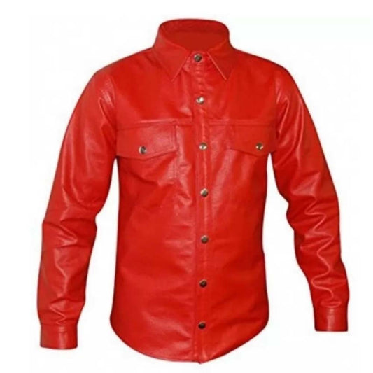 Mens Red Striking Look Real Leather Shirt