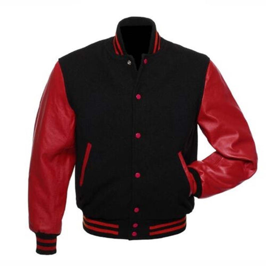 Mens Black and Red Varsity Letterman Leather Jacket