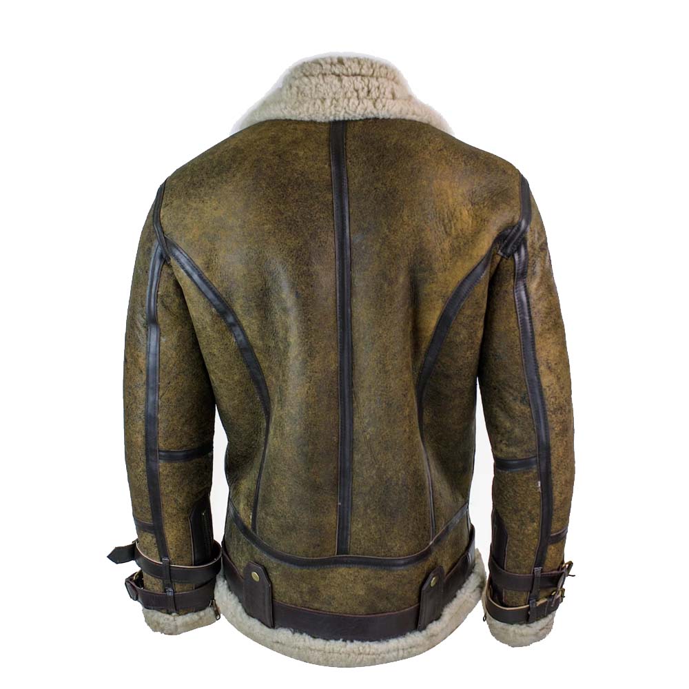 Mens shearling real sheepskin leather viking vintage brown jacket