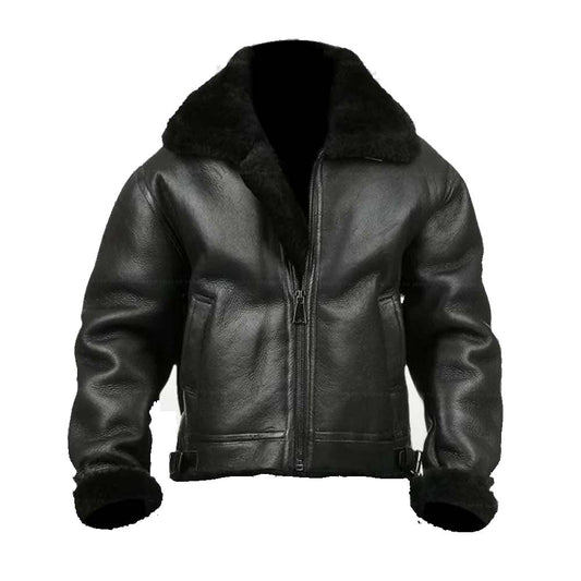 Mens Black Genuine Sheepskin Winter  Leather Jacket