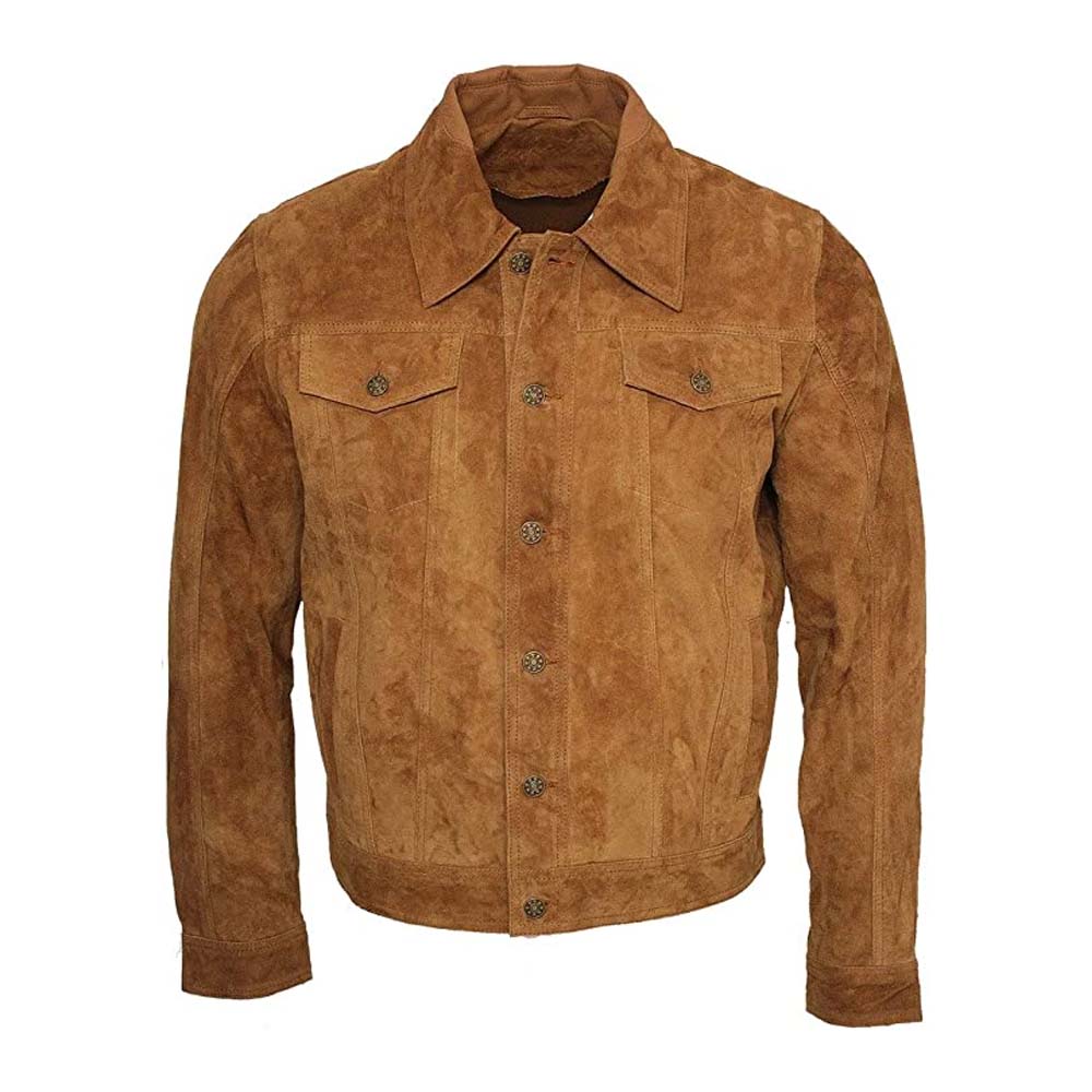 Mens Trucker Casual Tan Goat Suede Leather Jacket