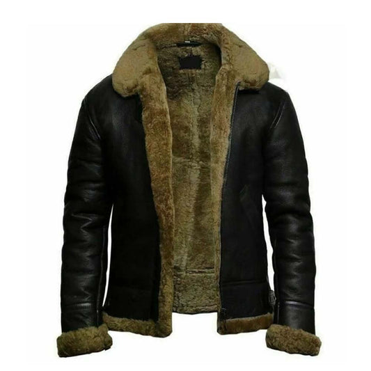 Handmade Mens Black Ginger Fur Shearling Sheepskin Leather Jacket