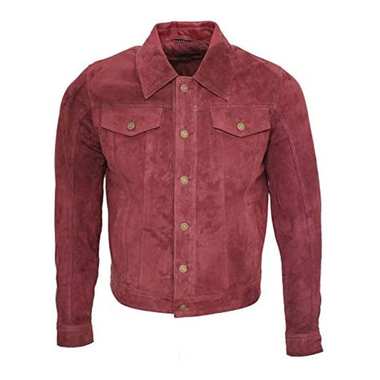 Mens Trucker Casual Burgundy Goat Suede Leather Jackets