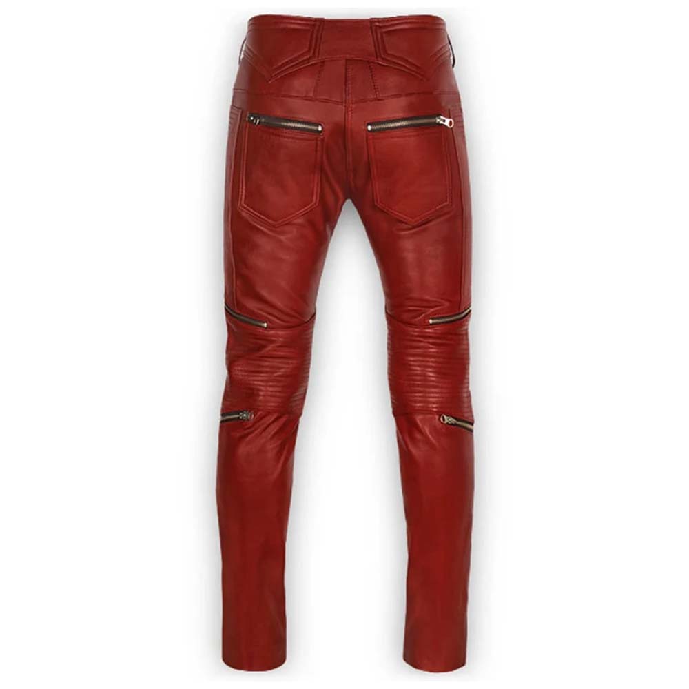 Mens Red Real Leather Biker Pant