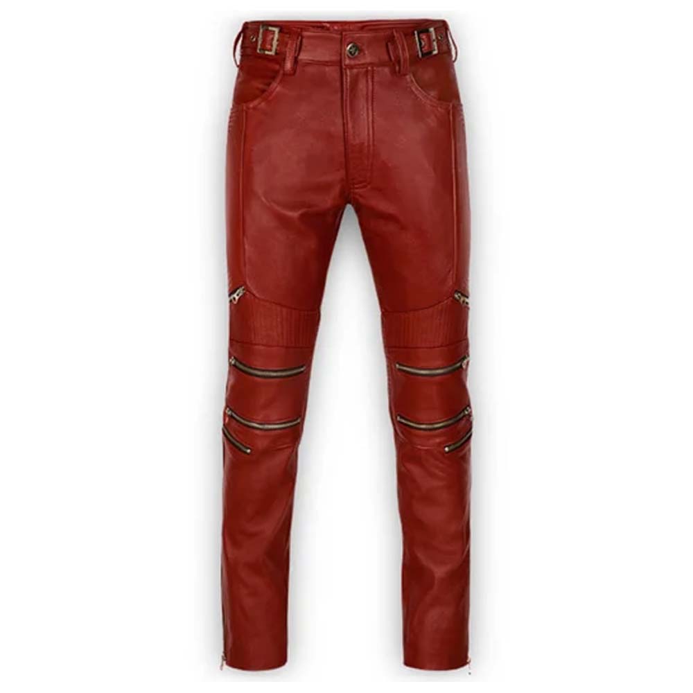 Mens Red Real Leather Biker Pant